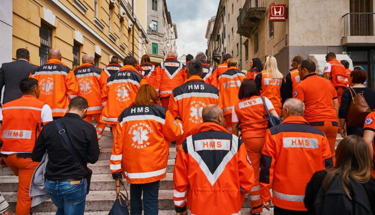 Slika djelatnika kako hodaju Riječkim ulicama